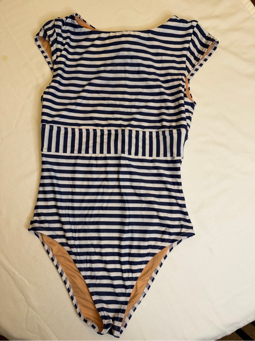 J.Crew Striped Cap-Sleeve One-Piece Swimsuit - Size 10